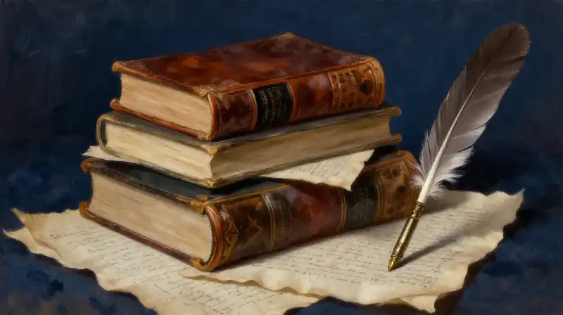 Stack of vintage books and manuscripts in moody blue tones