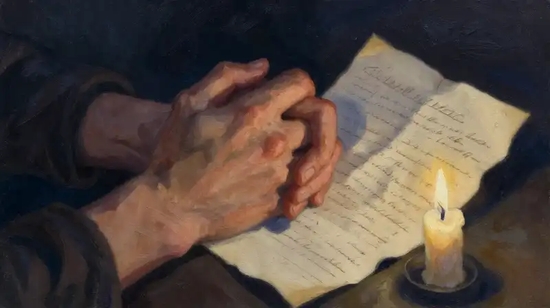 Two hands holding a letter in moody blue lighting
