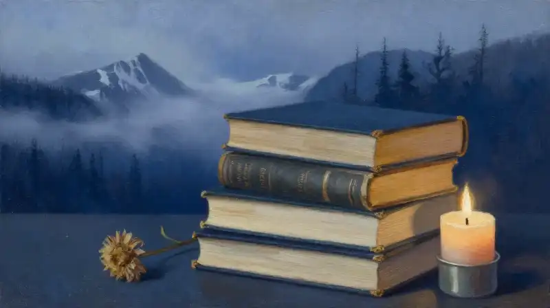 Stack of vintage books and a candle in moody blue tones