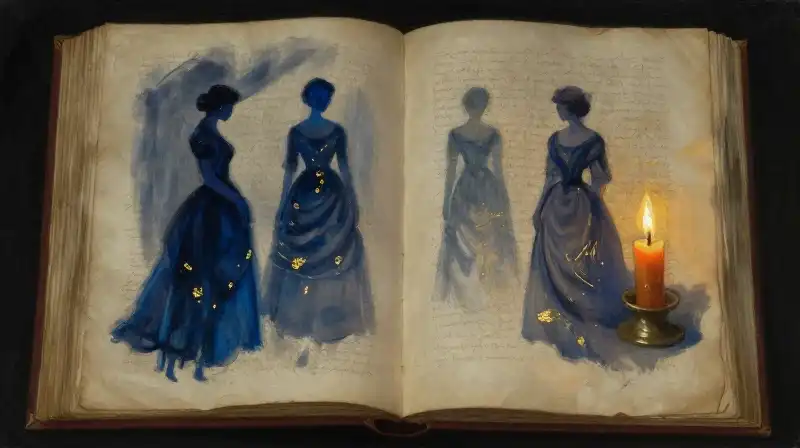 An open manuscript with warm candlelight in deep blue tones