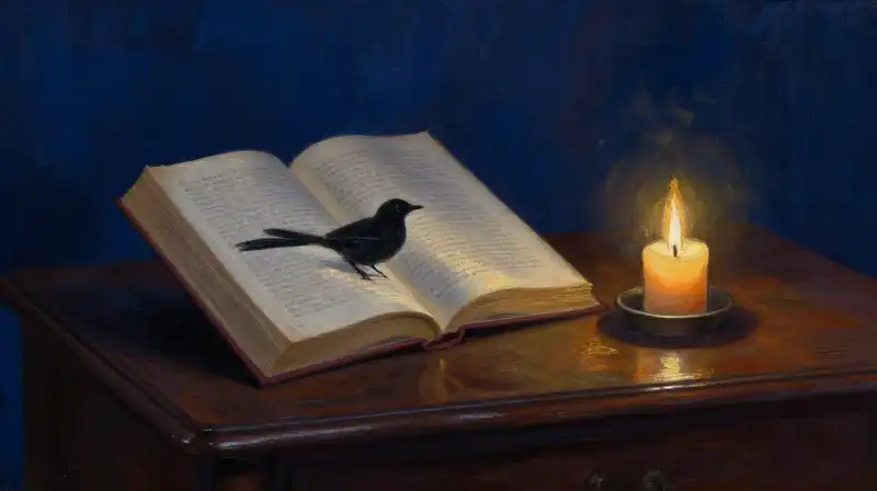 Painterly illustration of an open book and a mockingbird silhouette in blue tones