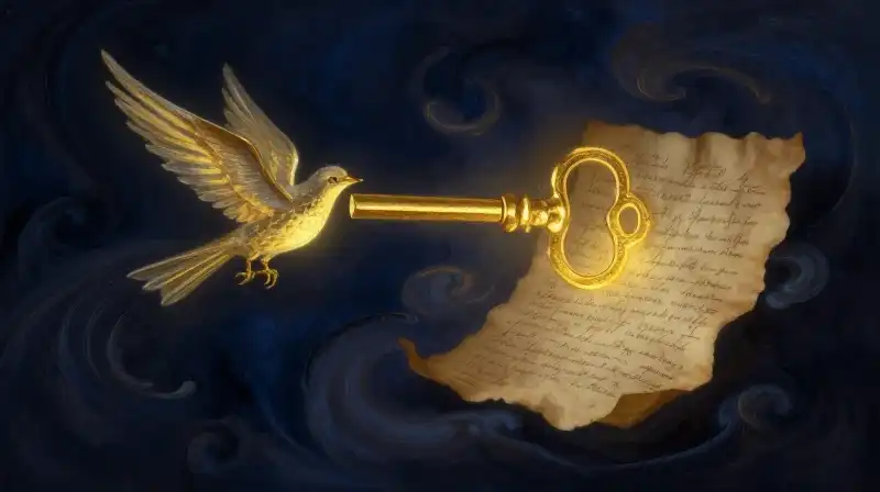 A golden key transforming into a bird on old parchment