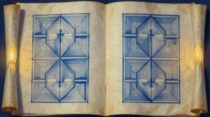 Symmetrical ink patterns on aged parchment in moody indigo tones