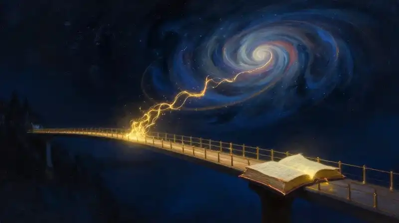 A golden ink bridge connecting an open book to a celestial sky