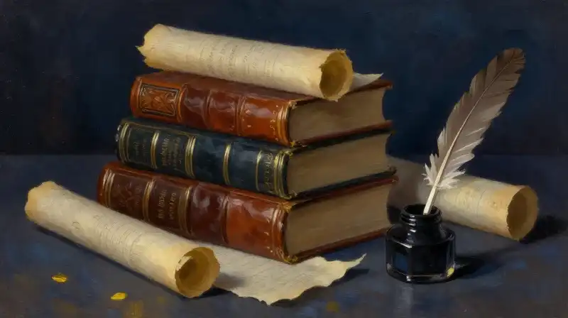 Stacked antique books and parchment in deep indigo tones