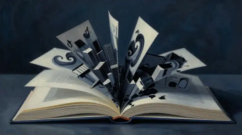 An open book dissolving into a moody blue landscape