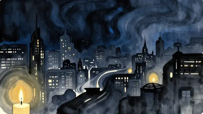 Painterly blue graphic novel style cityscape with gold highlights