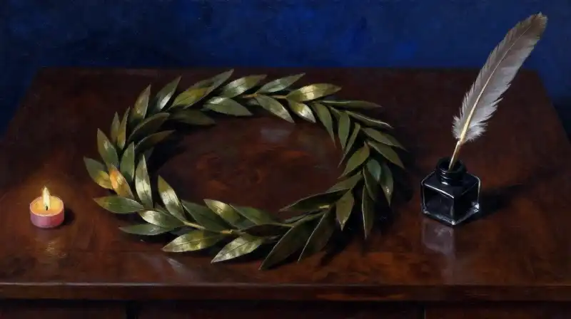 An inkwell and laurel wreath in a moody blue setting