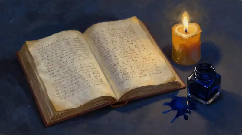 An open manuscript with spilled ink in moody blue tones