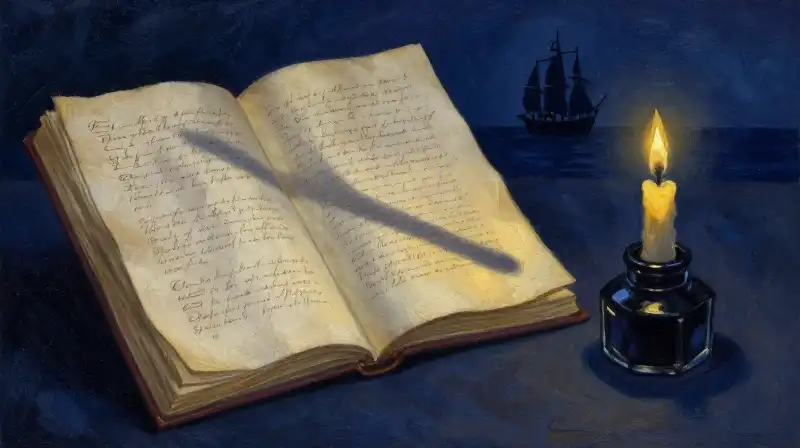 An old manuscript and candle overlooking a stormy sea in blue tones
