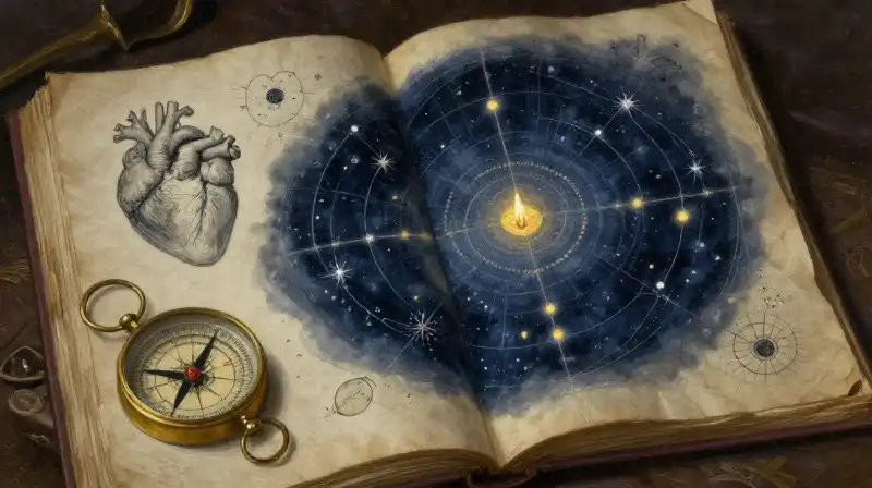 An open manuscript blending star maps and romantic sketches in indigo tones