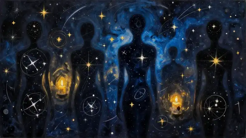Ethereal alien silhouettes amidst a cosmic indigo star chart