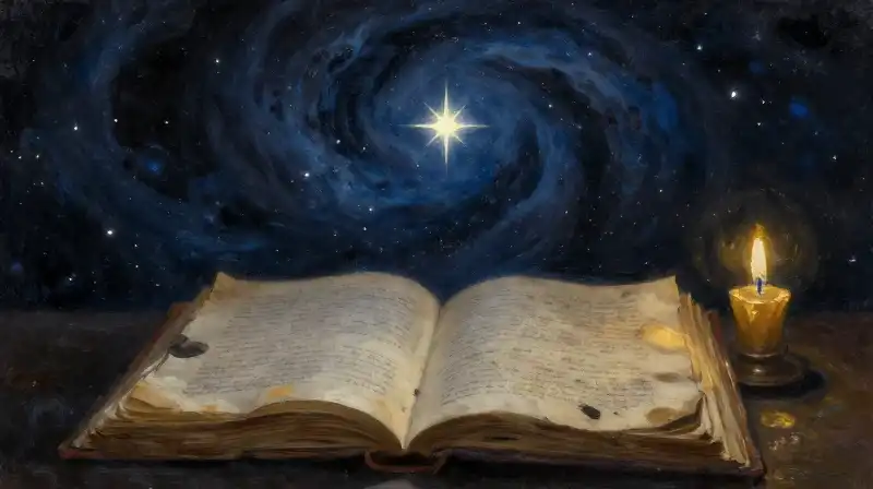 A glowing star shining over an open manuscript in deep blue tones