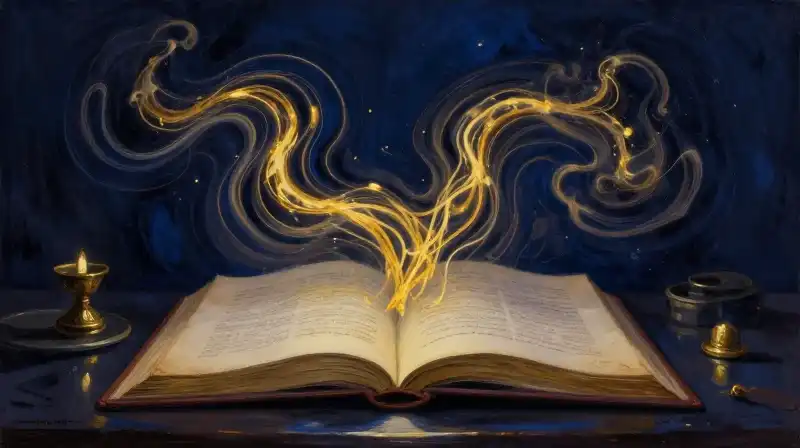 Ink ripples and golden sound waves over an open manuscript