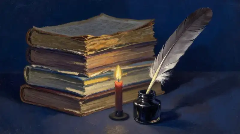 Old manuscripts and a quill in atmospheric blue lighting