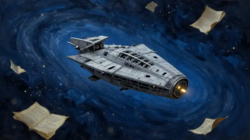 An intricate miniature spacecraft floating amidst dark blue cosmic ink and old manuscripts