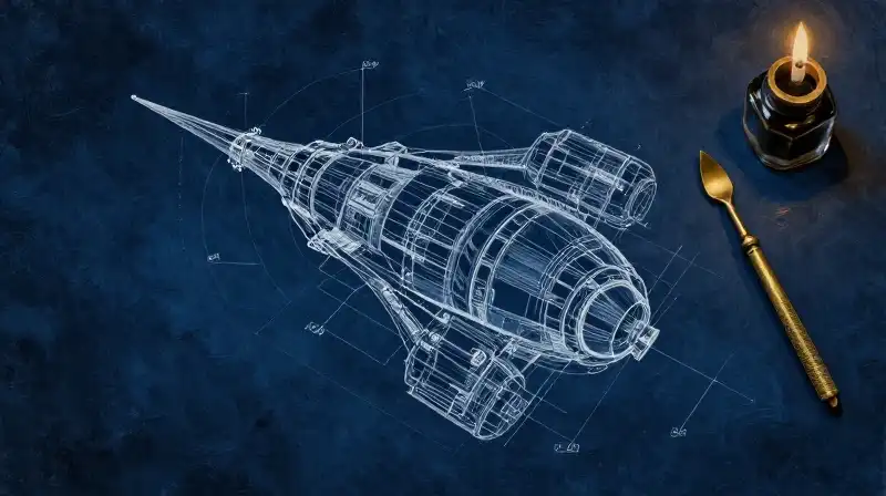 Detailed technical blueprint and brass tools in moody indigo light