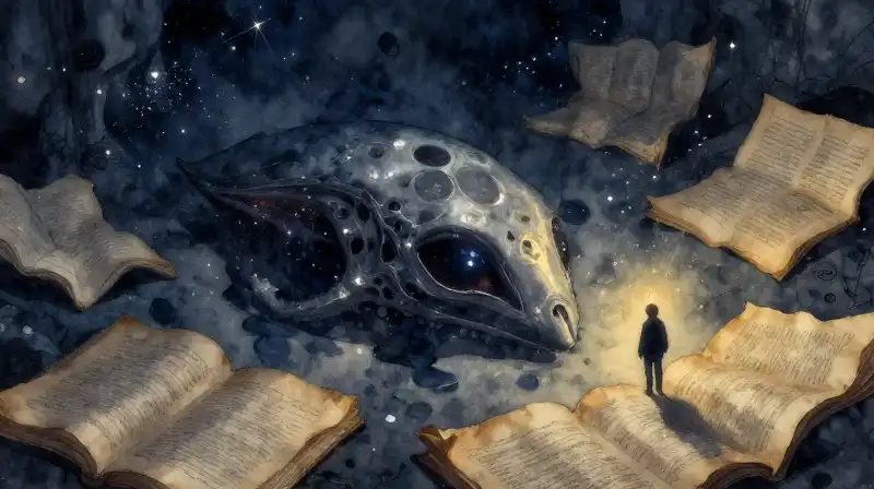 Ethereal alien artifact and ancient manuscripts in deep blue tones