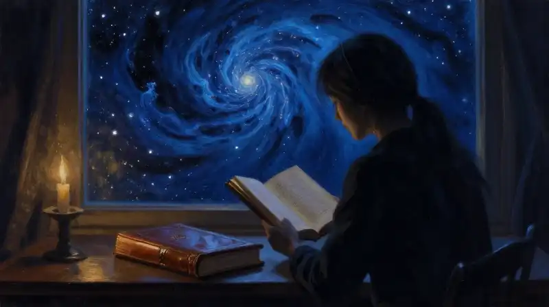 A person reading by candlelight overlooking a vast star-filled nebula