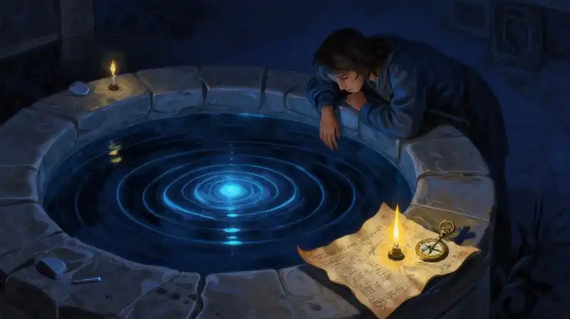 A figure seeking wisdom at a deep, glowing well