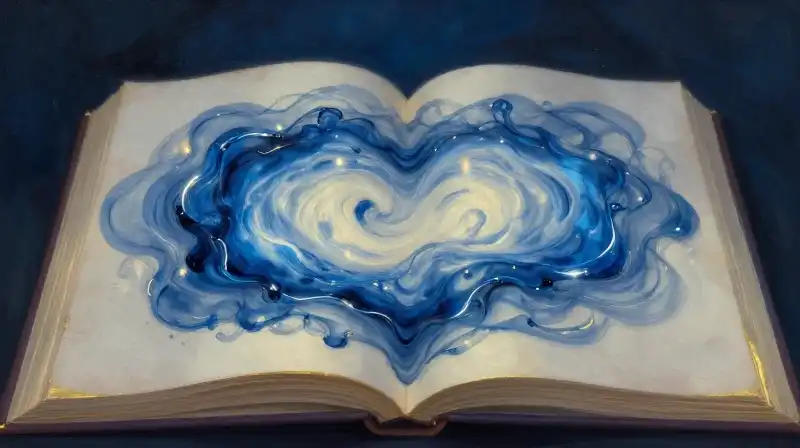 Swirling blue ink waves merging with an open manuscript