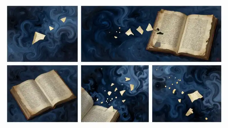Abstract ink panels and manuscript in deep blue tones