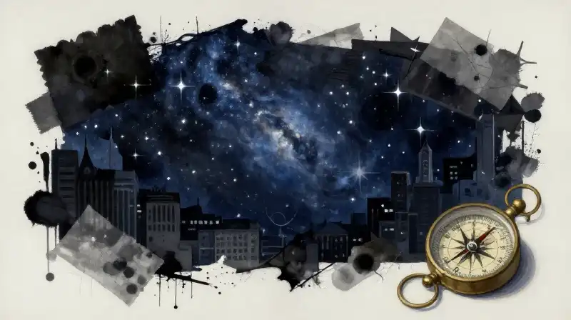 Abstract fusion of space opera and noir landscapes in blue tones