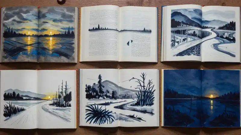 Open books with emerging illustrated paths in moody blue tones