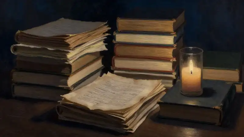 Stacked vintage manuscripts and books in moody indigo light