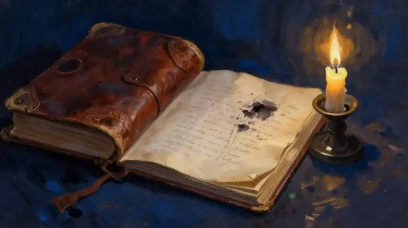 Antique books and a candle in a dark blue study