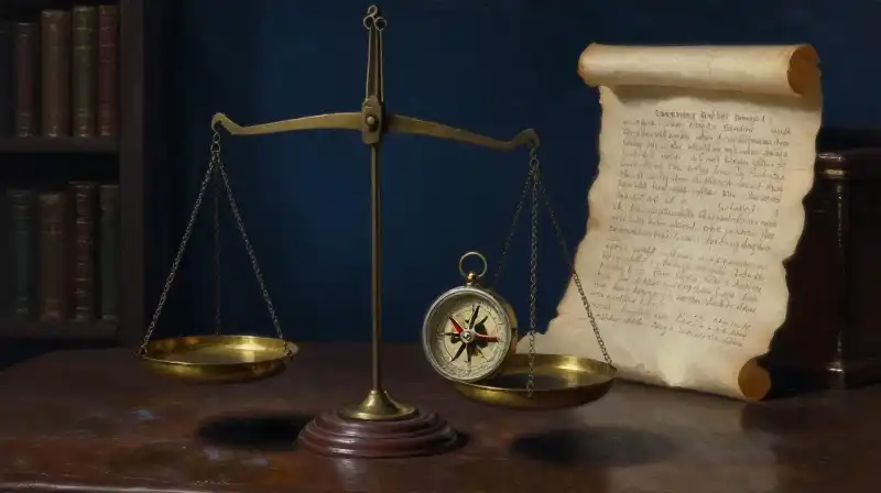 A mechanical compass and parchment scroll on a dark blue background