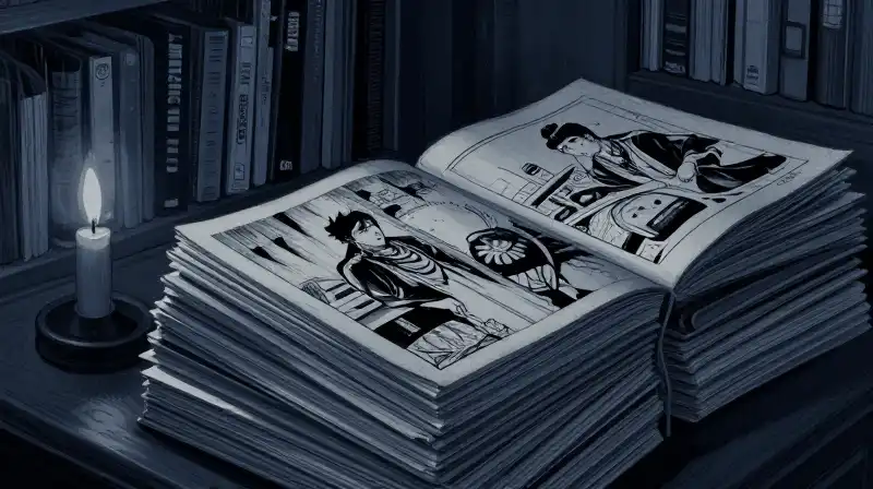 Painterly illustration of old graphic novels in a dim blue library