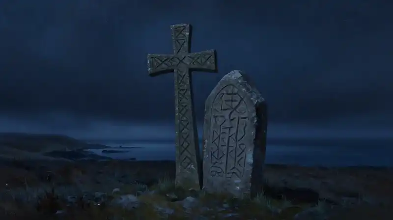 A Saxon cross and Norse rune stone in misty blue landscape