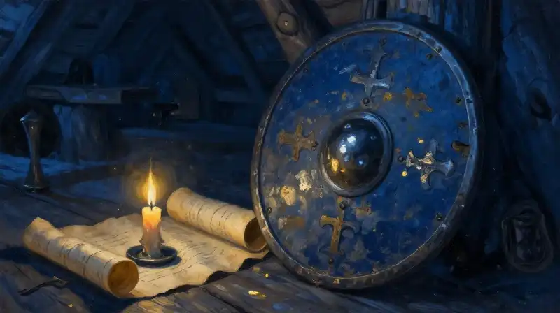 An atmospheric oil painting of a Viking shield and parchment