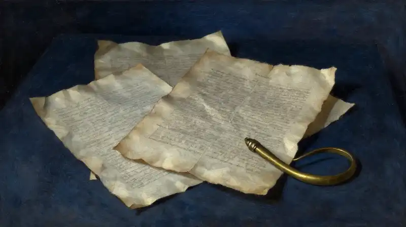 Antique research objects and a brass handle in moody blue light