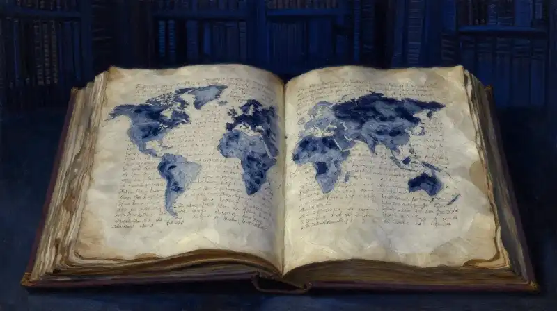 An open manuscript bridging past and present in blue tones