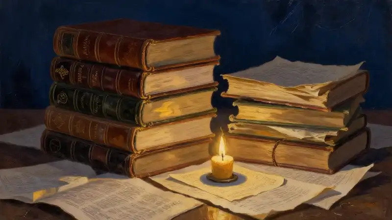 Stack of old books and manuscripts in moody blue light