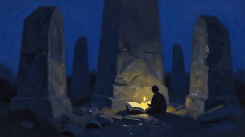 A young reader facing large shadows of history near an open book