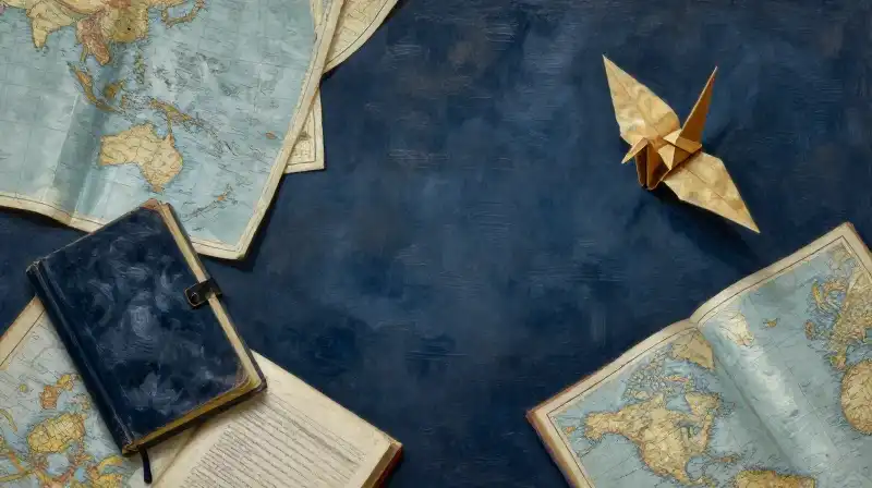 Vintage maps and an origami crane in deep blue tones