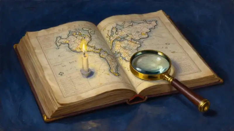 An open historical book with a magnifying glass in moody blue tones