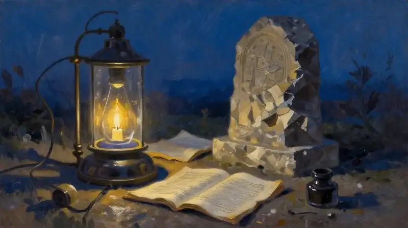 Split scene of scientific tools and decaying ruins in deep blue tones