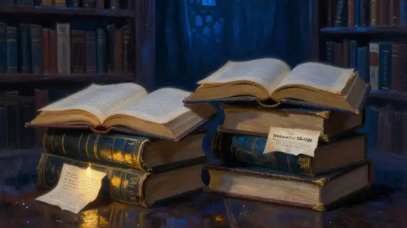 Stack of vintage books in a moody blue library