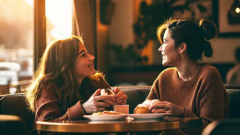 Friends shared pastries in warm light