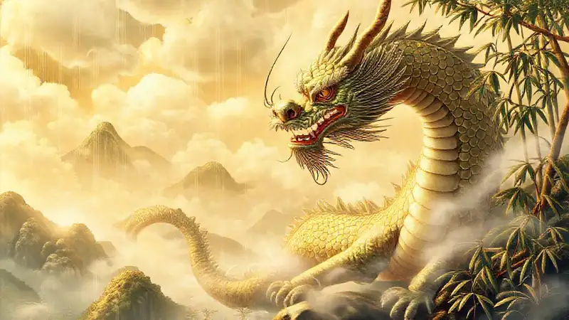A serene dragon graces misty mountains