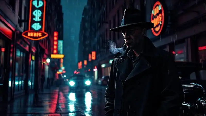 A noir detective haunted a rainy city